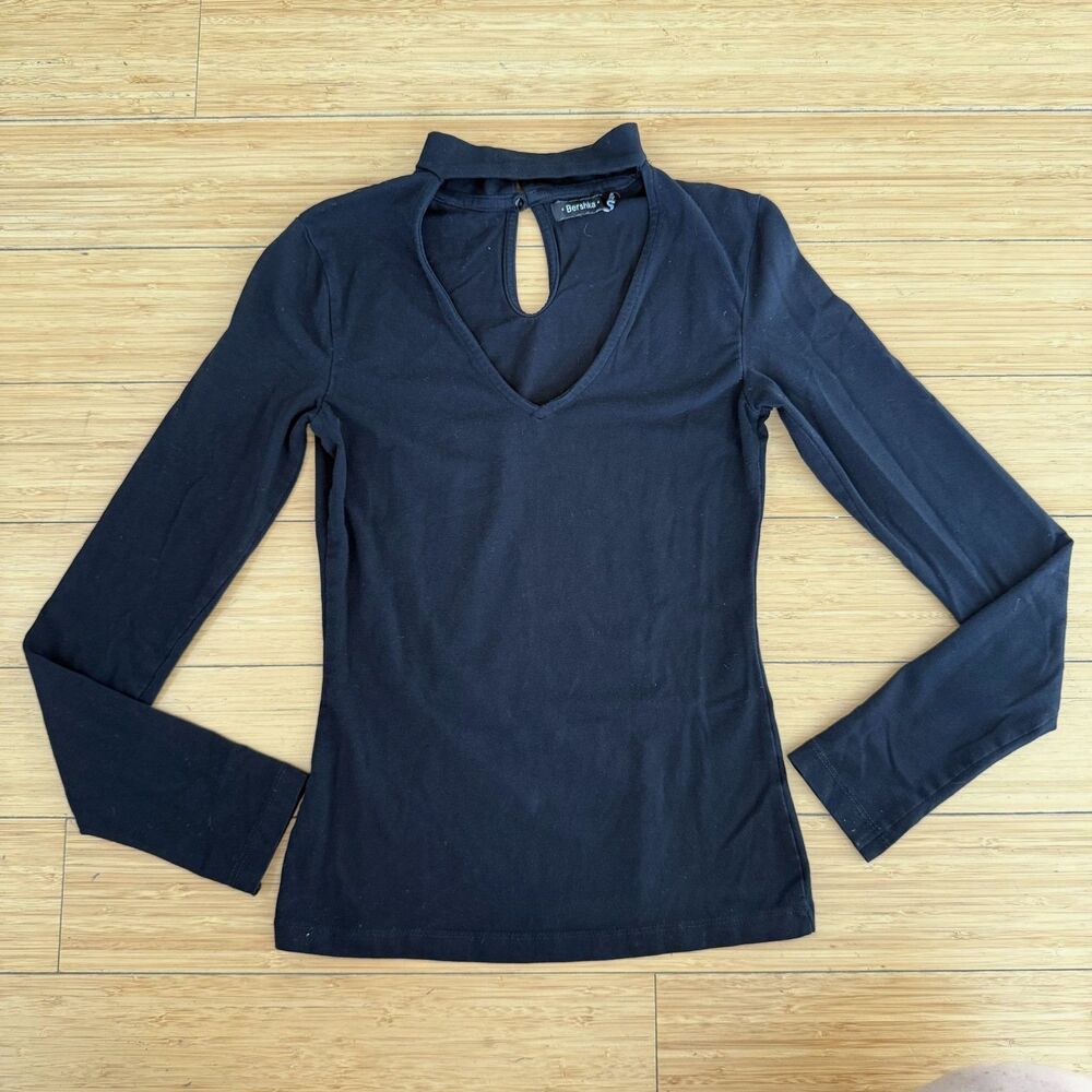 Bershka Black Choker Neck V Neck Long Sleeve Fitted Top XS